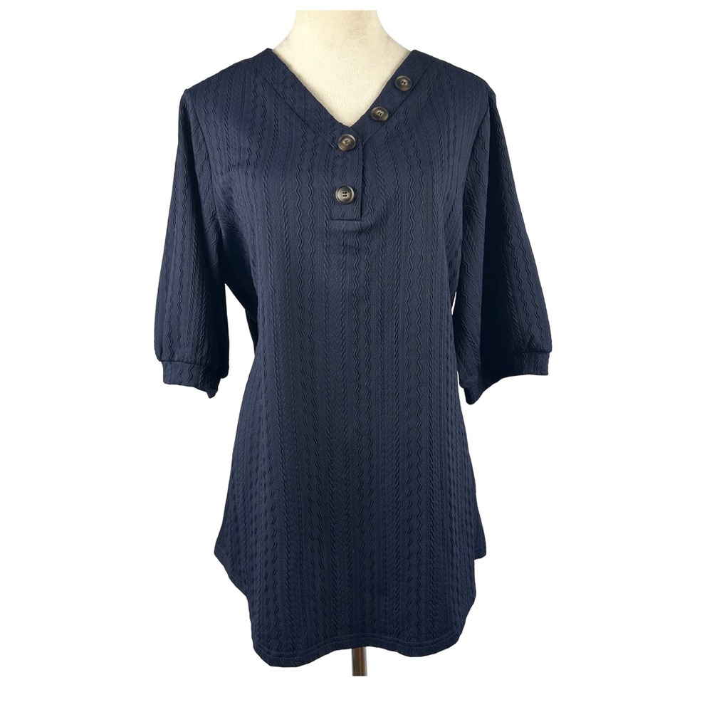 New BloomChic Womens Top V-Neck 3/4 Sleeve Textured Button Casual‎ Blouse Blue